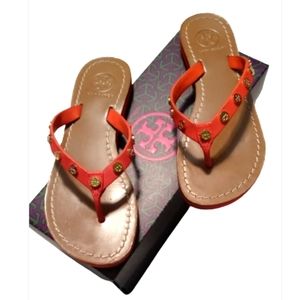Tory Birch flip flop vegan leather poppy red women size 6 red gold studs